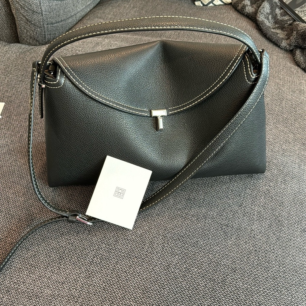 Toteme Black Leather Satchel with White Stitching